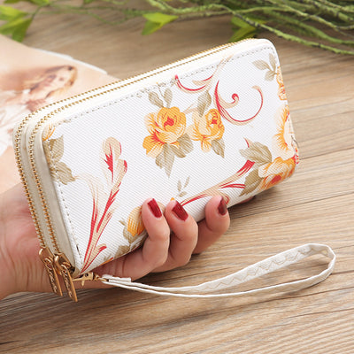 Long Floral Rose Clutch For Women Elegant Double Zipper Wallet