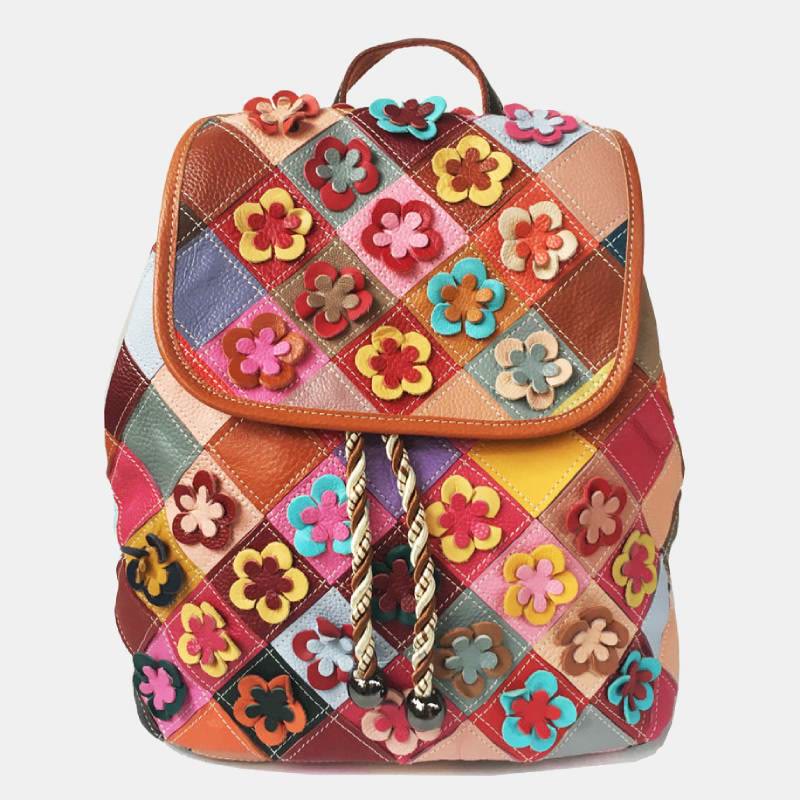 Genuine Leather Colorblock Floral Backpack Drawstring Purses