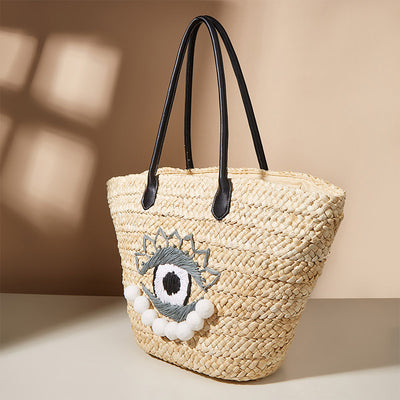 Handmade Evil Eye Straw Woven Handbags Summer Hobo Shoulder Bags Purse