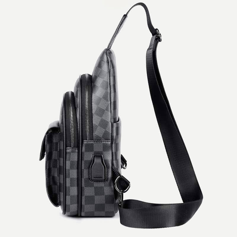 Leather Casual Daypack Sling Shoulder Chest Bag with USB Charging Port