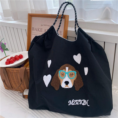 Cute Dog Embroideried Handbag Durable Drawstring Shoulder Bag For Women