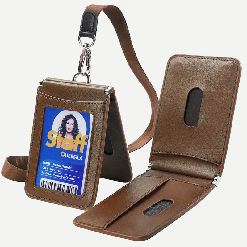 Genuine Leather ID Badge Holder with Vertical Clear ID Window Neck Lanyard