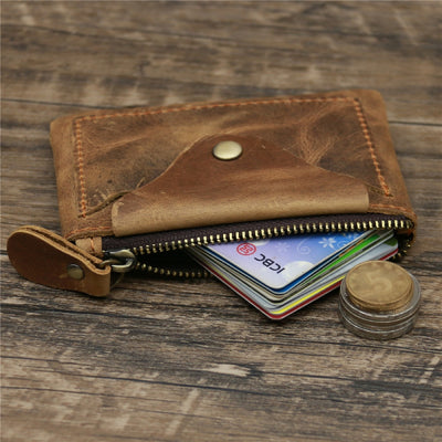 Small Leather Coin Purse Brown Ultra Thin Zipper Card Holder