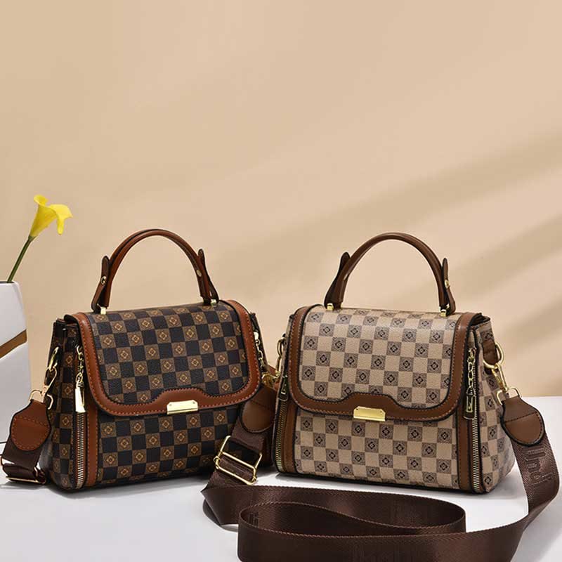 British Elegant Handbag Women Checkerboard Pattern Crossbody Leather Purse