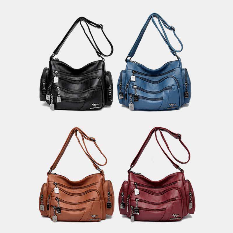 Multi-Pocket Leather Crossbody Bag Large Capacity Satchel Daypack Shoulder Bag