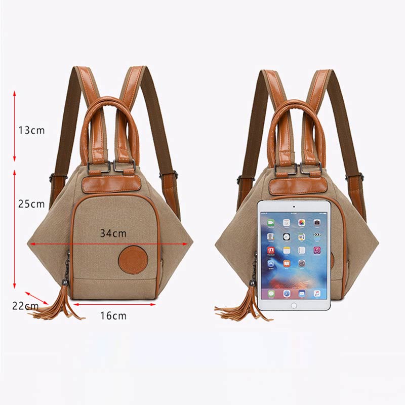 Multifunctional Womens Backpack Tassel Decor Durable Canvas Travel Daypack