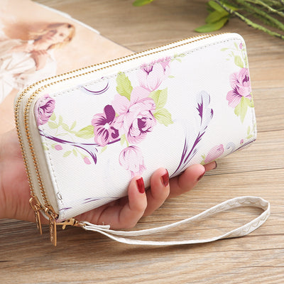 Long Floral Rose Clutch For Women Elegant Double Zipper Wallet