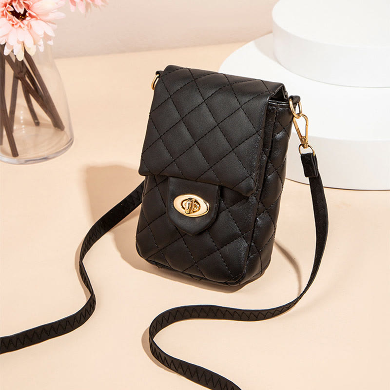 Diamond Check Embroidered PU Leather Crossbody Phone Bag For Women