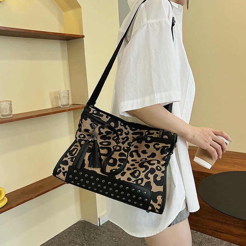 Leopard Print Tote For Women Commuter Rivet Durable Crossbody Bag