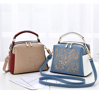 Top-Handle Bag For Women Embroidered Leather Portable Crossbody Shoulder Bag