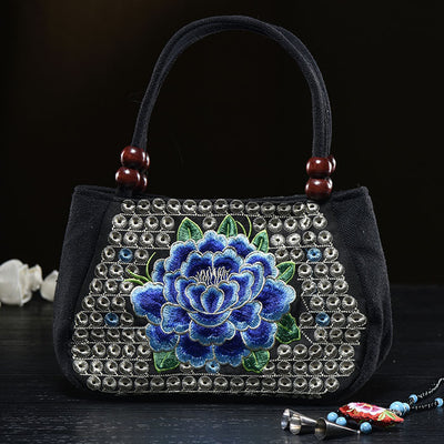 Flower Embroideried Small Canvas Handbag For Women Ethnic Tote