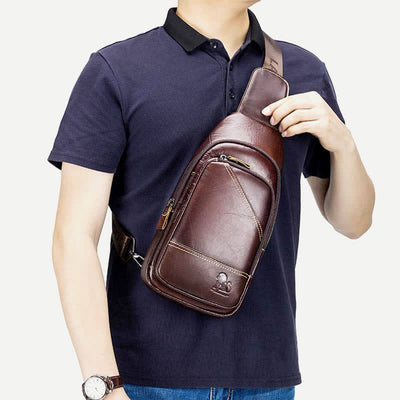 Cowhide Leather Waterproof Casual Sling Bag Daypack Shoulder Chest Bag