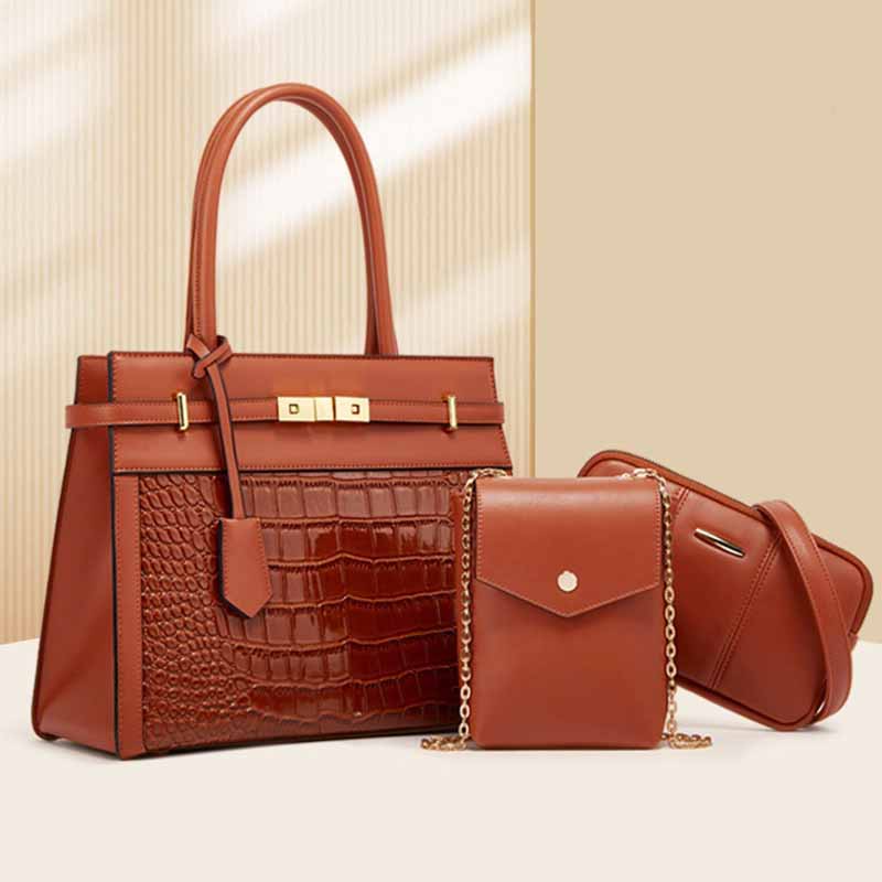 Chic Alligator Print Tote Solid Color Faux Leather Bag Set