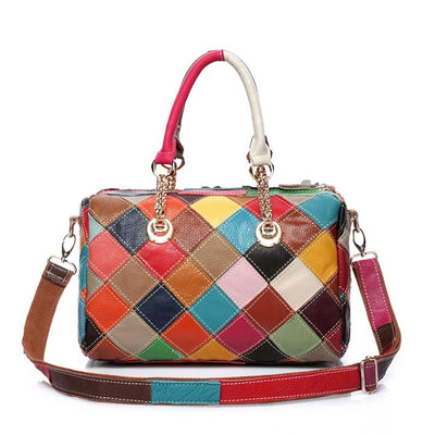 Genuine Leather Multicolor Flower Handbag