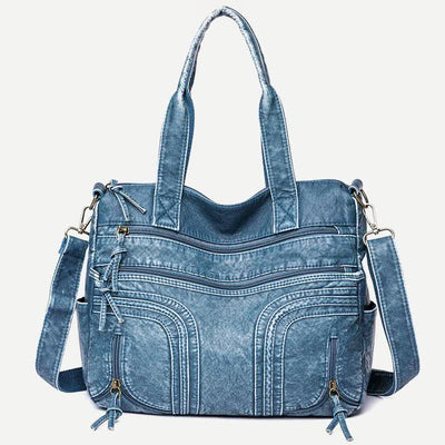 Denim Color Tote Handbags Big Capacity Faux Leather Shoulder Purse