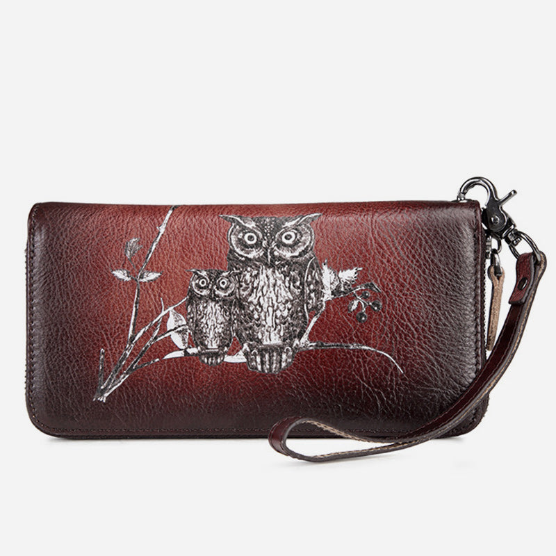 Cute Owl Wallet Retro Long Genuine Leather Clutch Purse