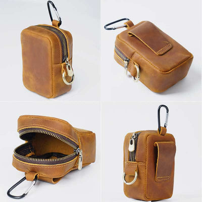 Genuine Leather Zipper Coin Purses Pouch for Women Men with Belt Loop