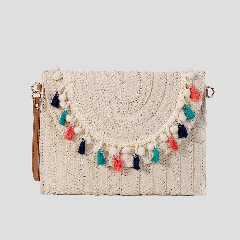 Tassel Beach Clutch for Women Raffia Woven Envelop Bag with Shoulder Strap