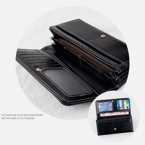 Elegant Retro Long Purse Wax Leather Card Holder For Women