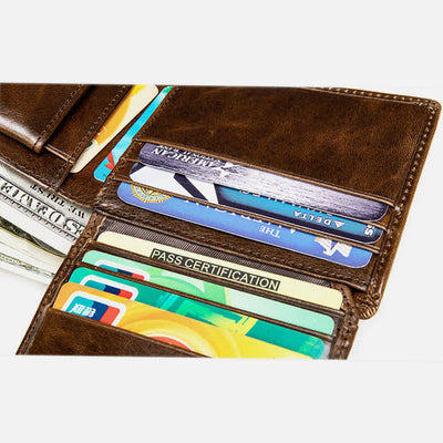 Men's Genuine Leather RFID Blocking Bifold Filp Wallet with ID Window