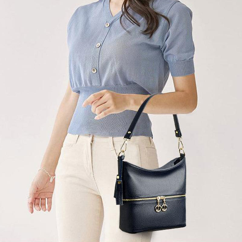 Double Zipper Purse For Women Tassel Solid Color Crossbody Bag