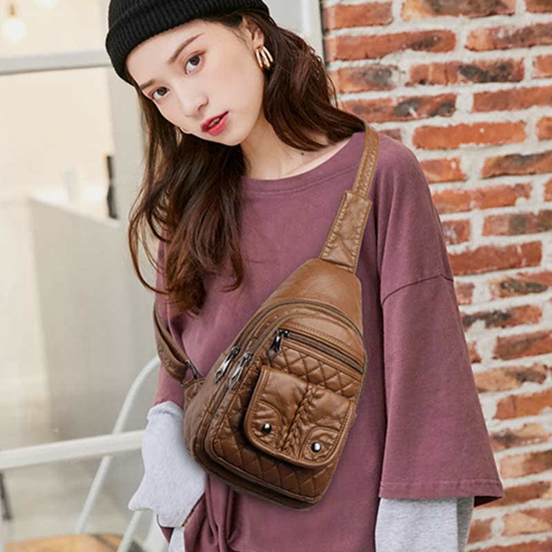 Retro Sling Backpack for Women Multi-Pocket PU Leather Crossbody Chest Bag