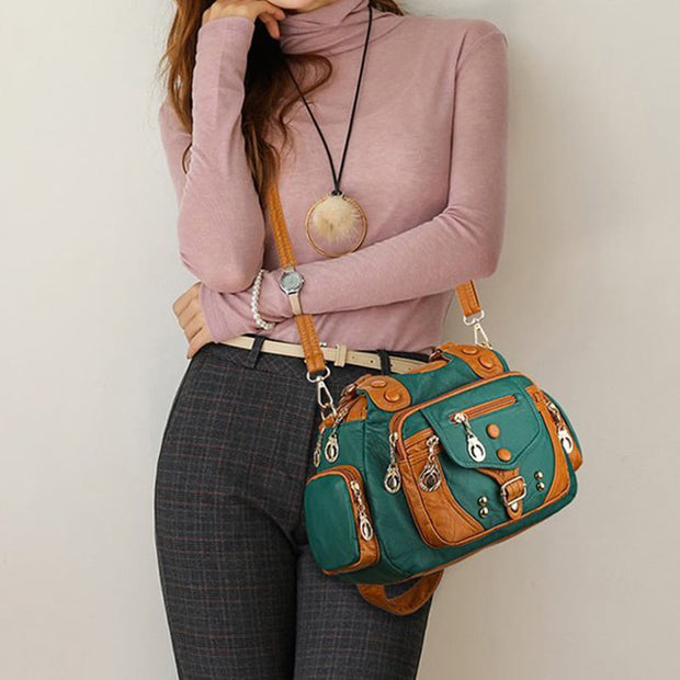 Tote Bag For Women Vintage Riveted Multi-Pocket Leather Crossbody Bag