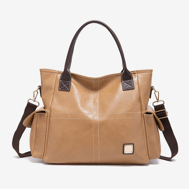 Plain Color Tote Cross Pattern Oil Wax Leather Women Handbag