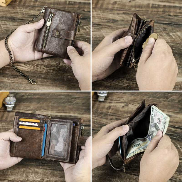 Men's Genuine Leather RFID Blocking Bifold Wallet with Anti-theft Chain