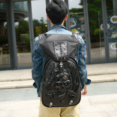 3D Skull Backpack Gothic Rivets Studded Laptop Backpack with Hoodie Cap