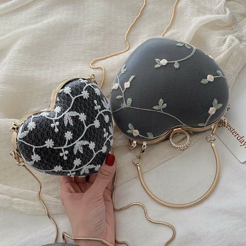 Floral Embroidered Handbag Heart Shaped Evening Bag Clutch with Gold Chain