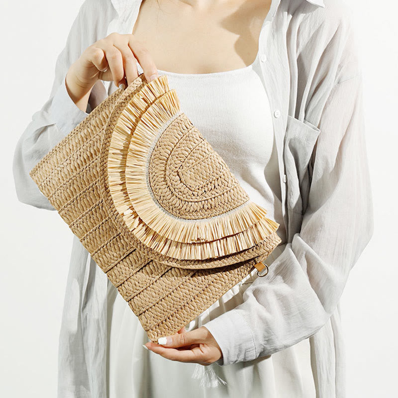 Tassel Beach Clutch for Women Raffia Woven Envelop Bag with Shoulder Strap