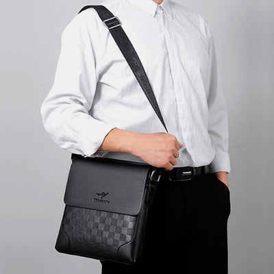 Men's Leather Plaid Small Messenger Bag Business Travel Carry Bag