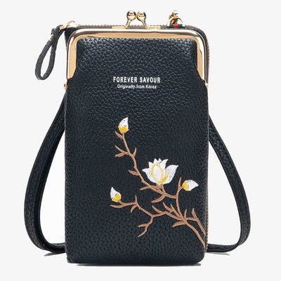 Elegant Embroidered Phone Bag Women Mini Crossbody Leather Purse