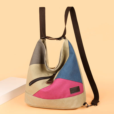 Women's Tote Canvas Backpack for Color Block Shoulder Hobo Bag Rucksack