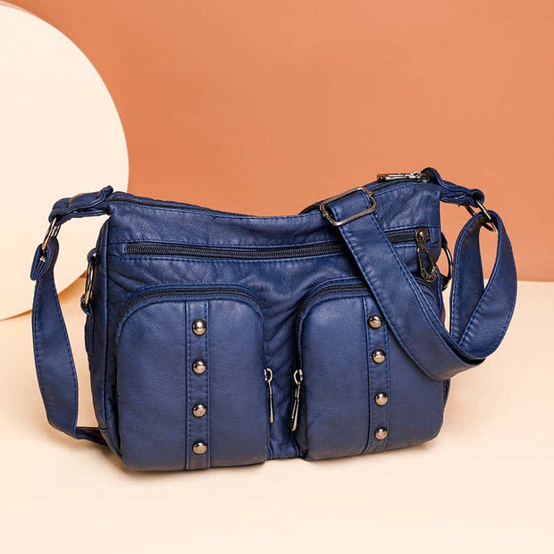 Mulit-Pocket Crossbody Purse for Women Retro Rivets Leather Shoulder Handbag