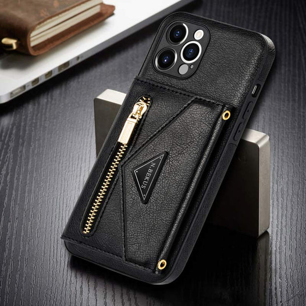 iPhone Wallet Case PU Protective Phone Bag Kickstand Cover Zipper Purse