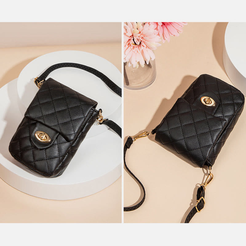 Diamond Check Embroidered PU Leather Crossbody Phone Bag For Women