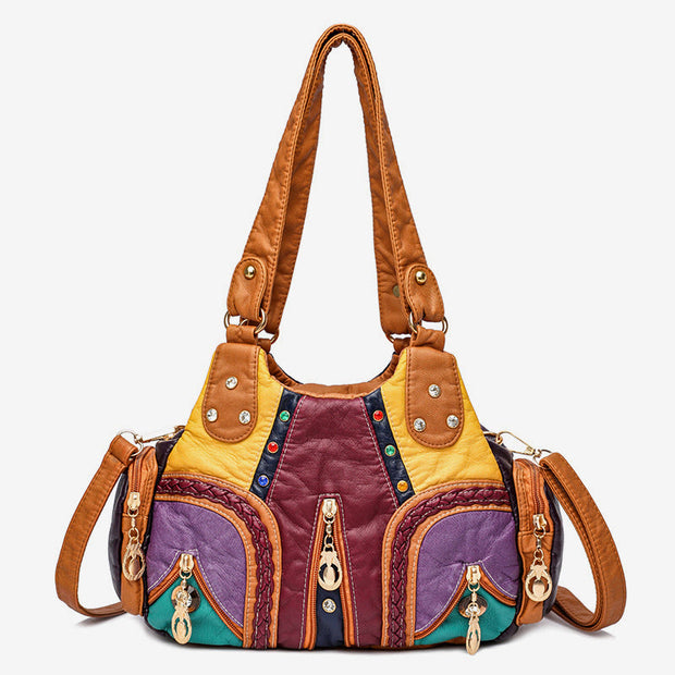Multiple Pocket Shoulder Bag Women Colorful Large Leather Crossbody Purse