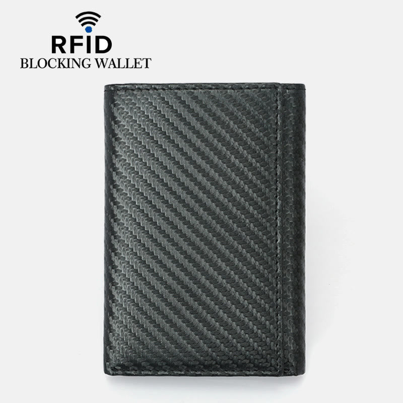 Trifold Mens Leather Wallet RFID Blocking Minimalist Carbon Fiber Pattern Wallet