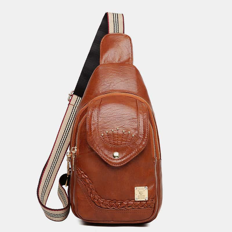 Faux Leather Small Sling Backpack Multipurpose Double Zip Chest Bag Rushsack