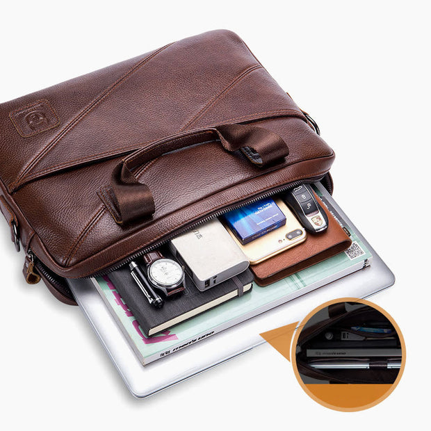 Briefcase For Men Business Solid Color Genuine Leather Crossbody Bag