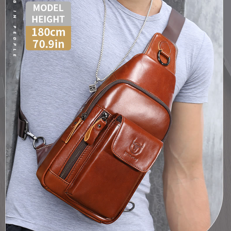 Genuine Leather Sling Chest Bag with Earphone Hole