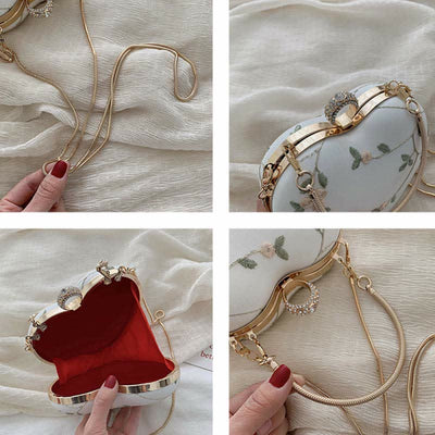 Floral Embroidered Handbag Heart Shaped Evening Bag Clutch with Gold Chain