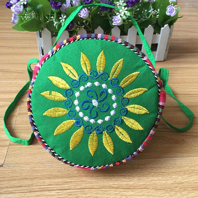 Folk Custom Canvas Bag Women Embroidery Sunflower Small Round Bag