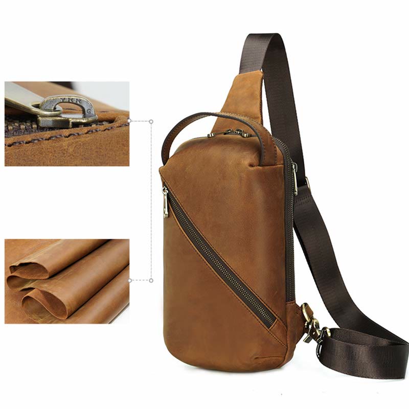 Men's Leather Crossbody Sling Bag Outdoor Travel Chest Bag Shoulder Daypack