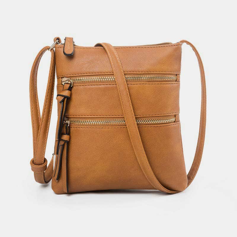 Multifunction Triple Zip Crossbody Bag Trendy Design Leather Shoulder Bag