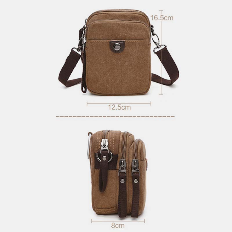 Multi-Pocket Men Canvas Crossbody Bag with Belt Loop Adjustable Shoulder Strap