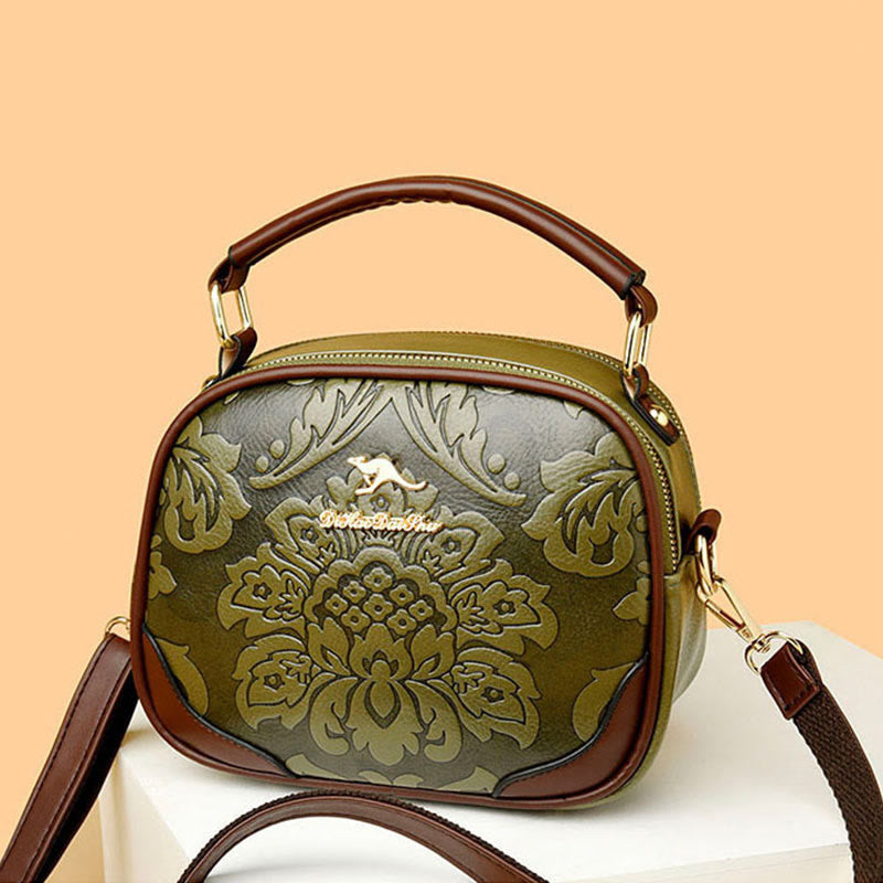 Floral Embossing Handbag For Women Double Compartment Crossbody Bag