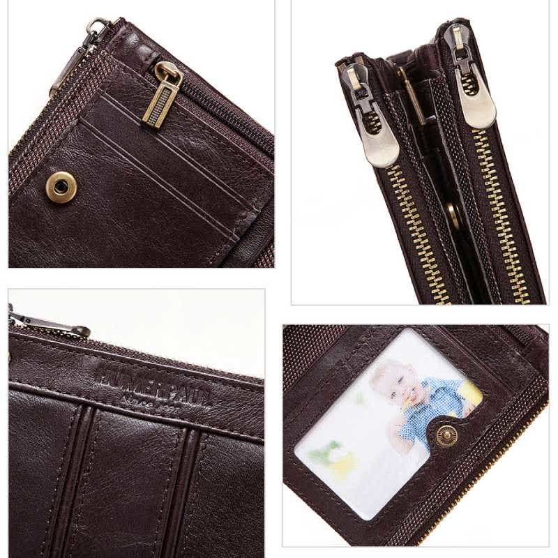 RFID Blocking Bifold Wallet Retro Cowhide Leather Wallet with Chain